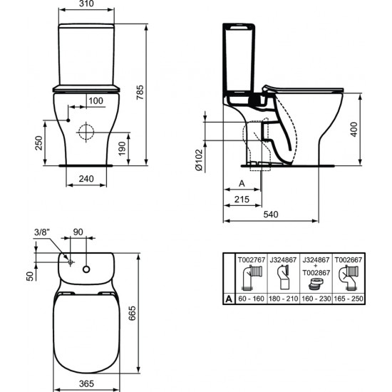 Λεκάνη Δαπέδου Ideal Standard Tesi Aquablade T008701 Πορσελάνης Λευκή Οριζόντιας Αποχέτευσης με Καζανάκι και Κάλυμμα Απλό Duroplast Normal Close